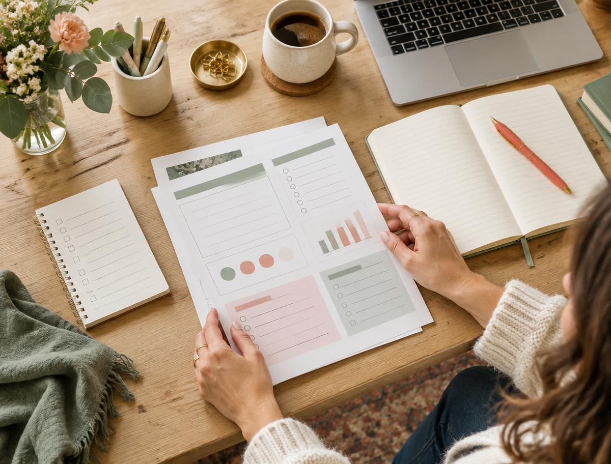 A woman organizing business planning worksheets at her home office desk